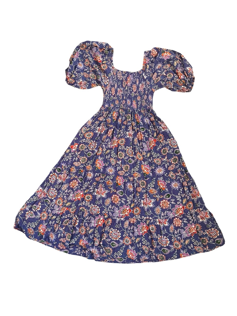 Angie Women M Floral Tiered Maxi Dress Puff Sleeve Smocked Pockets Boho Cottage